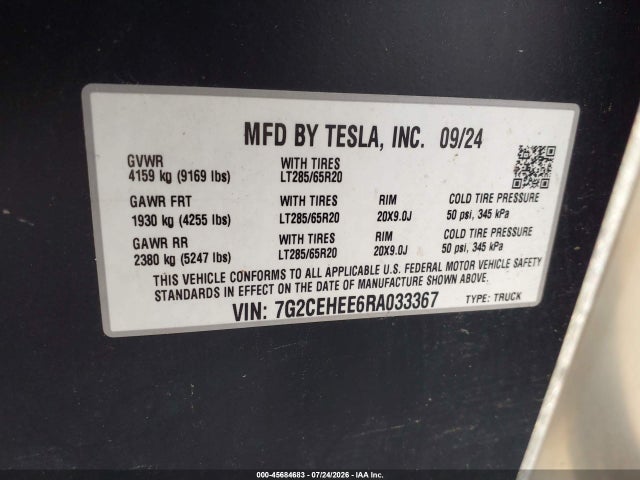 Aukcja sprzedaży 2024 Tesla Cybertruck Cyberbeast, vin: 7G2CEHEE6RA033367, numer aukcji: 45684683