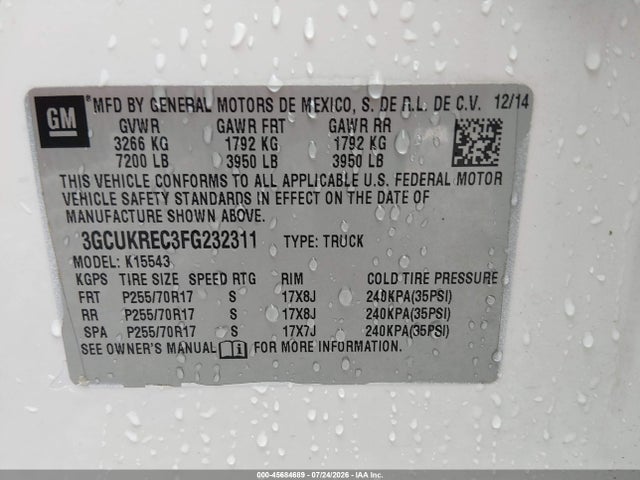 Aukcja sprzedaży 2015 Chevrolet Silverado 1500 Lt, vin: 3GCUKREC3FG232311, numer aukcji: 45684689