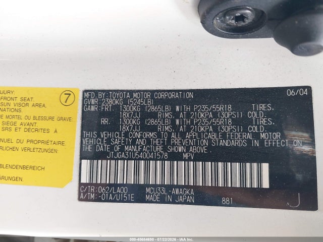 45684690 :رقم المزاد ، JTJGA31U540041578 vin ، 2004 Lexus Rx 330 مزاد بيع