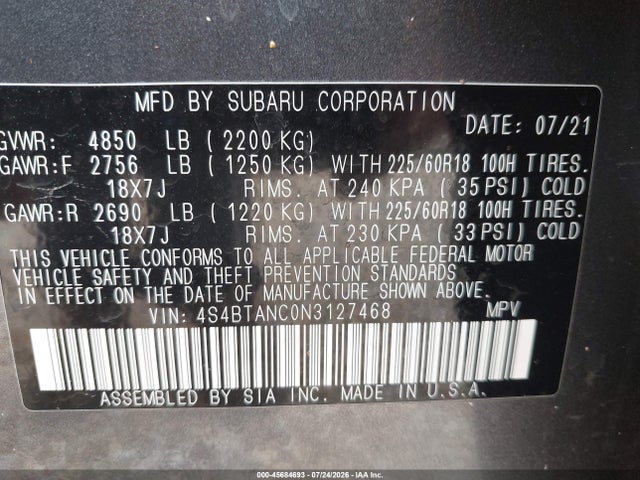 45684693 :رقم المزاد ، 4S4BTANC0N3127468 vin ، 2022 Subaru Outback Limited مزاد بيع