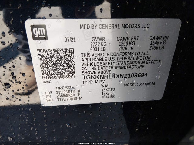 45684709 :رقم المزاد ، 1GKKNRL4XNZ108694 vin ، 2022 Gmc Acadia Awd Sle مزاد بيع