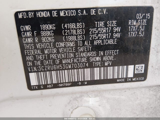 3CZRU6H53GM703074 Honda HR-V EX