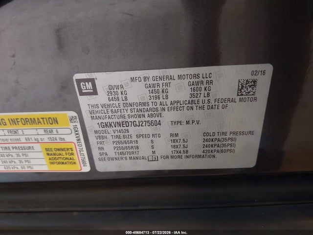 45684713 :رقم المزاد ، 1GKKVNED7GJ275604 vin ، 2016 Gmc Acadia Sle-1 مزاد بيع