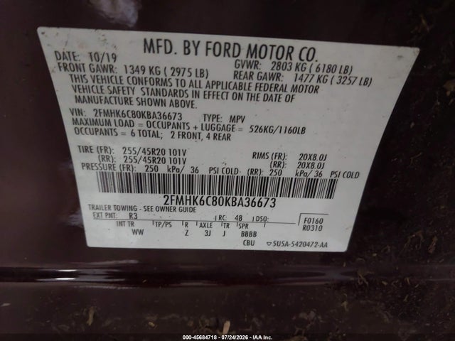 Продажа на аукционе авто 2019 Ford Flex Sel, vin: 2FMHK6C80KBA36673, номер лота: 45684718