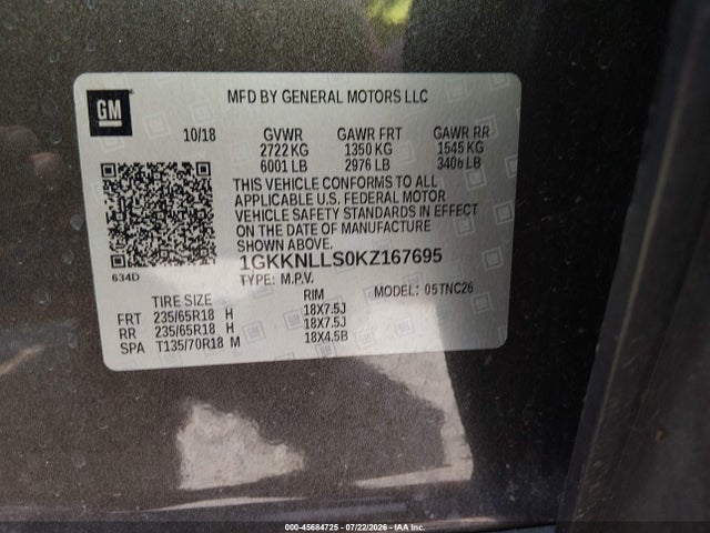 45684725 :رقم المزاد ، 1GKKNLLS0KZ167695 vin ، 2019 Gmc Acadia Sle-2 مزاد بيع