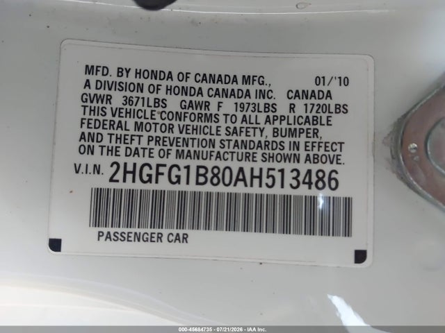 Продаж на аукціоні авто 2010 Honda Civic Ex, vin: 2HGFG1B80AH513486, номер лоту: 45684735