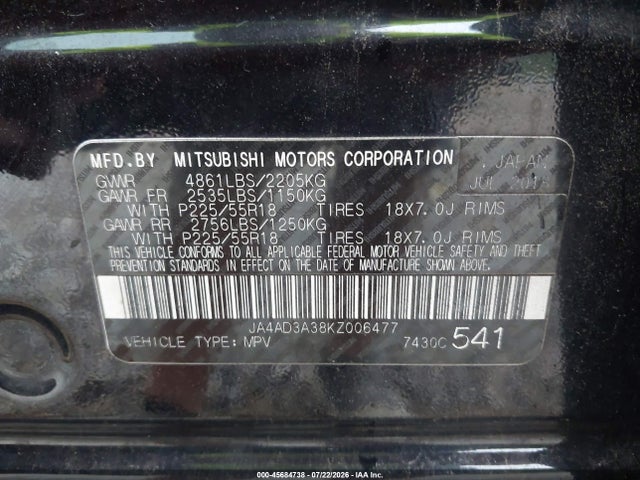 45684738 :رقم المزاد ، JA4AD3A38KZ006477 vin ، 2019 Mitsubishi Outlander Se مزاد بيع