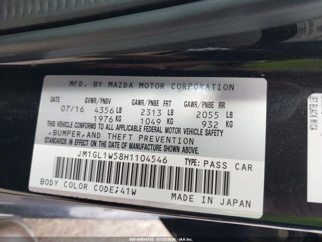45684743 :رقم المزاد ، JM1GL1W58H1104546 vin ، 2017 Mazda Mazda6 Grand Touring مزاد بيع