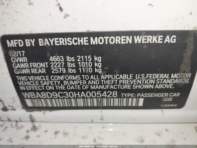 45684746 :رقم المزاد ، WBA8D9C30HA005428 vin ، 2017 Bmw 330i Xdrive مزاد بيع