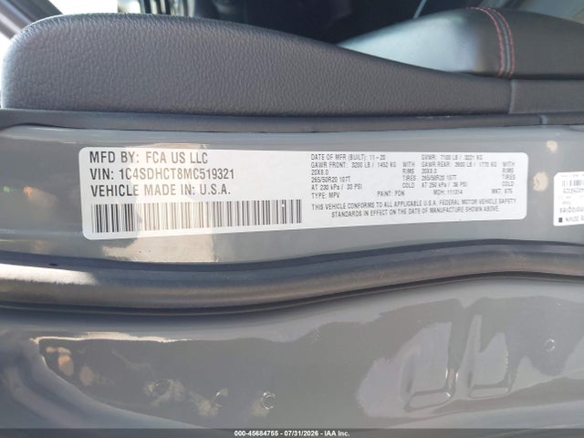 Продаж на аукціоні авто 2021 Dodge Durango R/t Rwd, vin: 1C4SDHCT8MC519321, номер лоту: 45684755