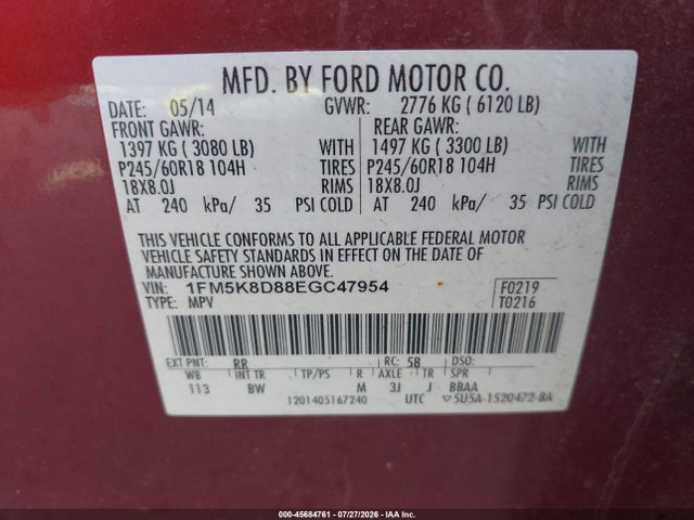 45684761 :رقم المزاد ، 1FM5K8D88EGC47954 vin ، 2014 Ford Explorer Xlt مزاد بيع