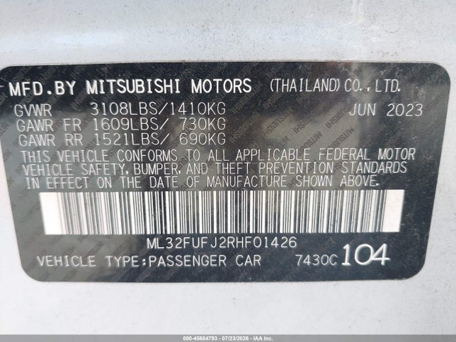 Aukcja sprzedaży 2024 Mitsubishi Mirage G4 Es, vin: ML32FUFJ2RHF01426, numer aukcji: 45684793