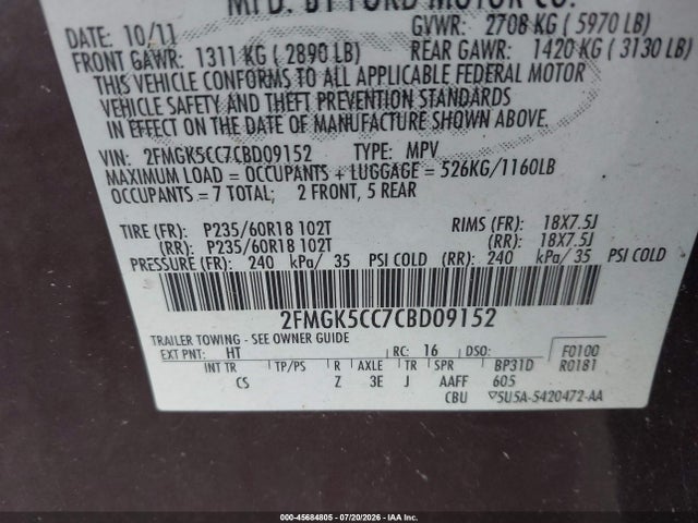 45684805 :رقم المزاد ، 2FMGK5CC7CBD09152 vin ، 2012 Ford Flex Sel مزاد بيع