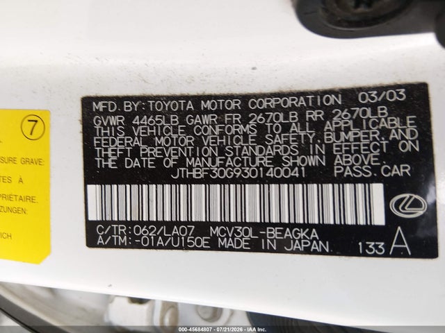 45684807 :رقم المزاد ، JTHBF30G930140041 vin ، 2003 Lexus Es 300 مزاد بيع