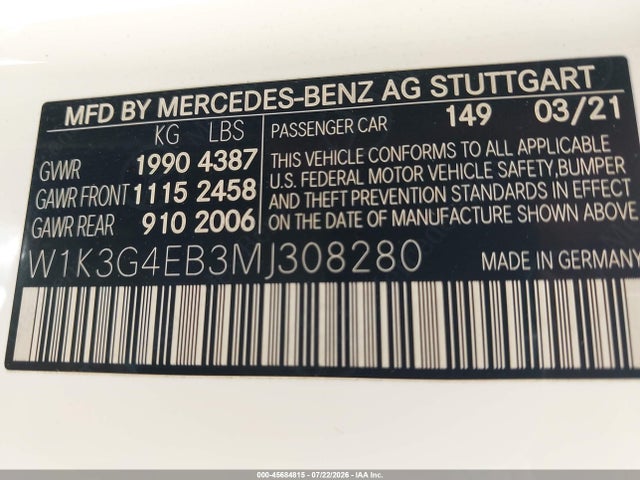 Aukcja sprzedaży 2021 Mercedes-benz A 220, vin: W1K3G4EB3MJ308280, numer aukcji: 45684815
