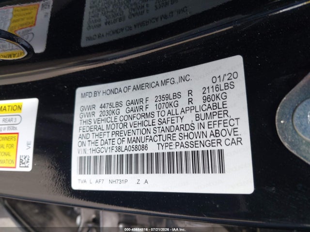 2020 Honda Accord Sport მანქანა იყიდება აუქციონზე, vin: 1HGCV1F38LA058086, აუქციონის ნომერი: 45684816