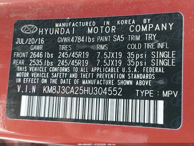 Продажа на аукционе авто 2017 Hyundai Tucson Limited, vin: KM8J3CA25HU304552, номер лота: 45684827