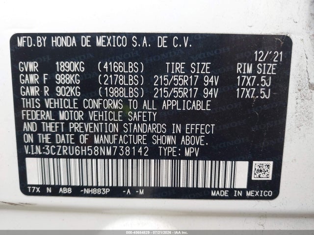 45684829 :رقم المزاد ، 3CZRU6H58NM738142 vin ، 2022 Honda Hr-v Awd Ex مزاد بيع