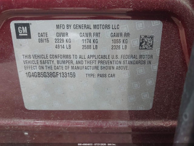 2016 Buick Lacrosse Leather მანქანა იყიდება აუქციონზე, vin: 1G4GB5G38GF133159, აუქციონის ნომერი: 45684833