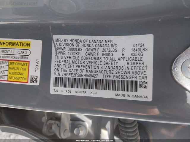 Продажа на аукционе авто 2024 Honda Civic Sport, vin: 2HGFE2F50RH549427, номер лота: 45684857