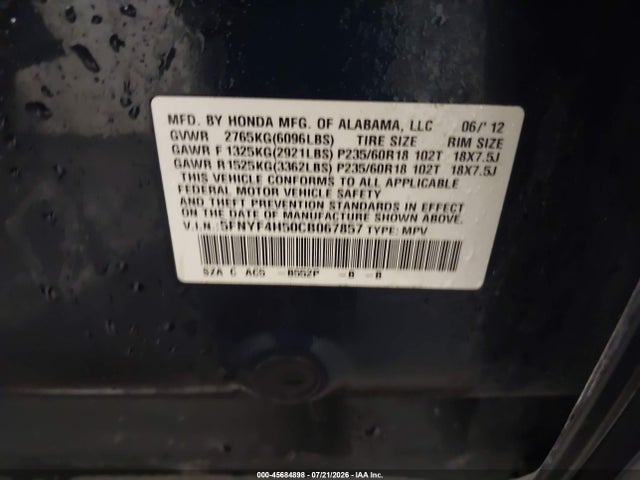Продаж на аукціоні авто 2012 Honda Pilot Ex-l, vin: 5FNYF4H50CB067857, номер лоту: 45684898