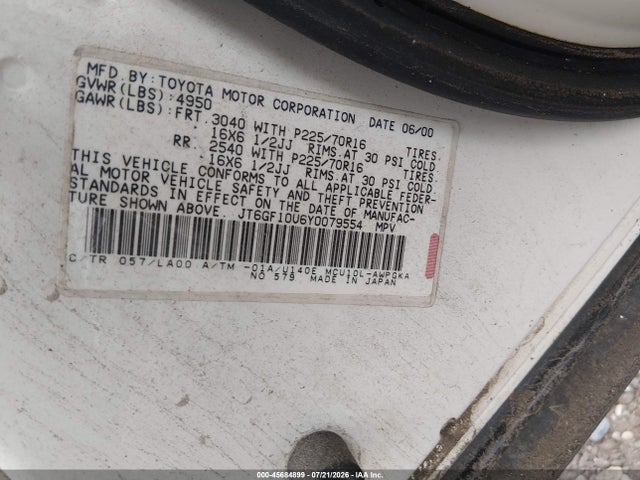 45684899 :رقم المزاد ، JT6GF10U6Y0079554 vin ، 2000 Lexus Rx 300 مزاد بيع