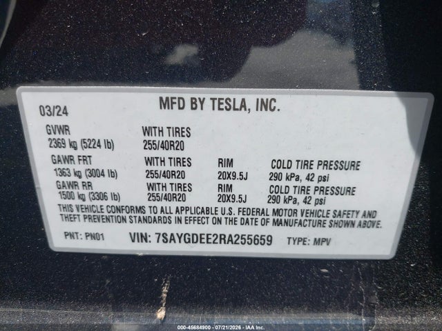 45684900 :رقم المزاد ، 7SAYGDEE2RA255659 vin ، 2024 Tesla Model Y Long Range Dual Motor All-wheel Drive مزاد بيع