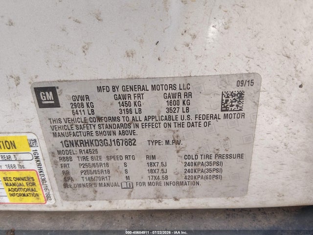 Auction sale of the 2016 Chevrolet Traverse 2lt, vin: 1GNKRHKD3GJ167882, lot number: 45684911