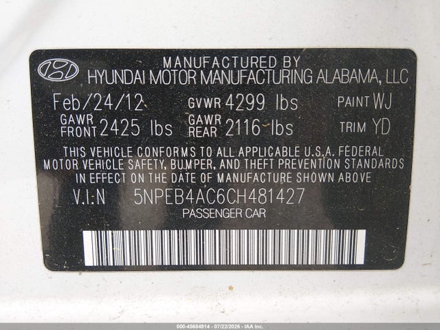 2012 Hyundai Sonata Gls მანქანა იყიდება აუქციონზე, vin: 5NPEB4AC6CH481427, აუქციონის ნომერი: 45684914