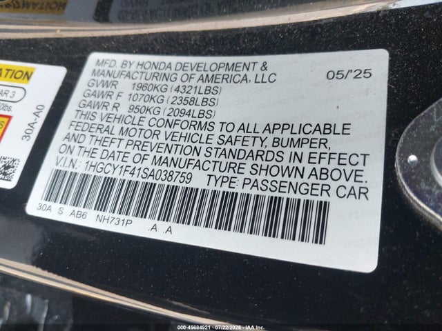 Продажа на аукционе авто 2025 Honda Accord Se, vin: 1HGCY1F41SA038759, номер лота: 45684921