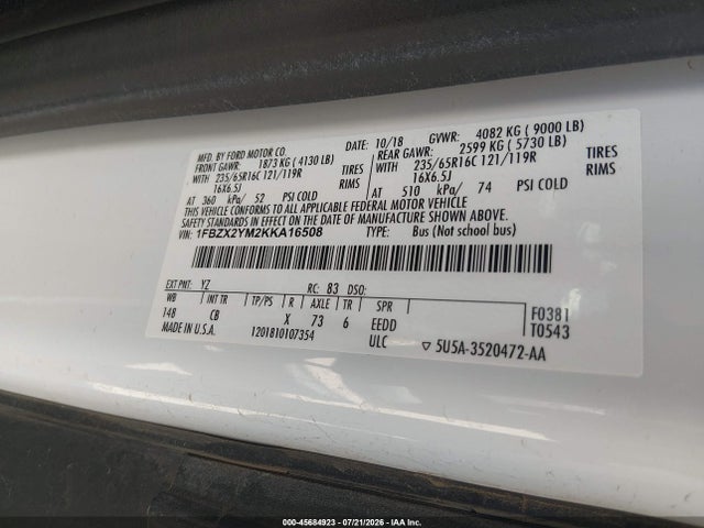 1FBZX2YM2KKA16508 Ford Transit-350 Xl