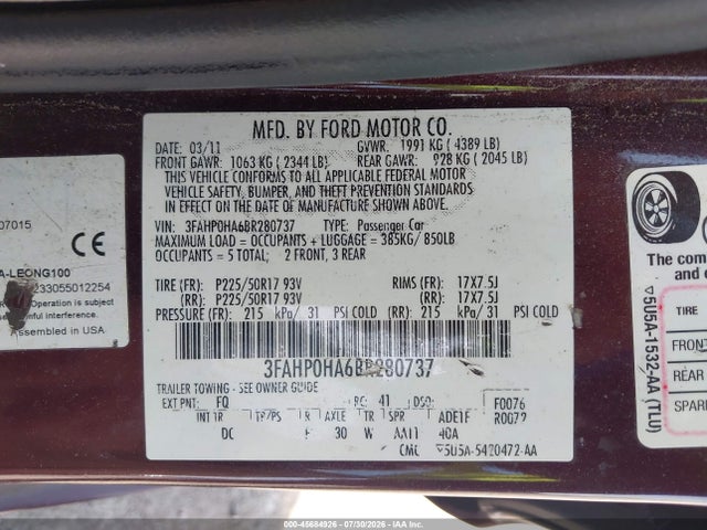 2011 Ford Fusion Se მანქანა იყიდება აუქციონზე, vin: 3FAHP0HA6BR280737, აუქციონის ნომერი: 45684926