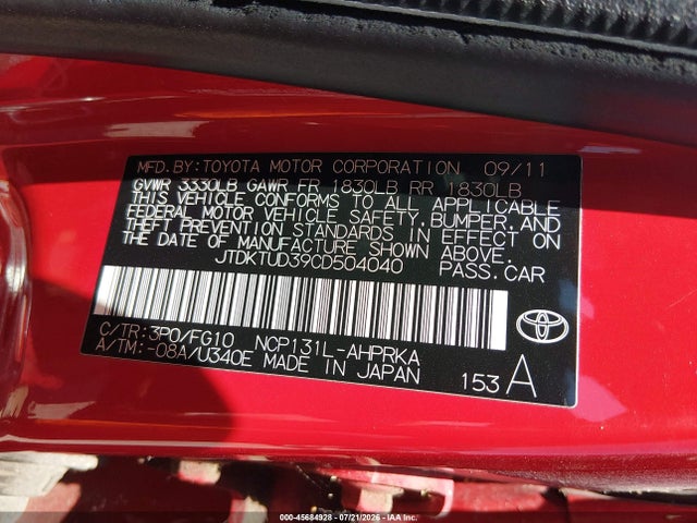 Продажа на аукционе авто 2012 Toyota Yaris L, vin: JTDKTUD39CD504040, номер лота: 45684928
