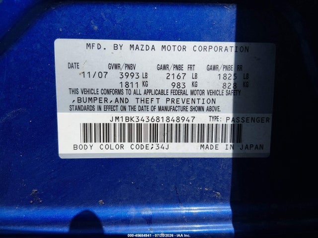 Продажа на аукционе авто 2008 Mazda Mazda3 S Sport, vin: JM1BK343681848947, номер лота: 45684941