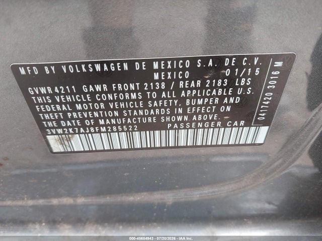 Volkswagen Jetta 2.0l S 2015 3VW2K7AJ8FM285522 Image 9