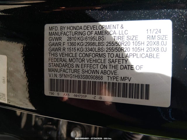 Продажа на аукционе авто 2025 Honda Pilot Black Edition, vin: 5FNYG1H93SB090868, номер лота: 45684951