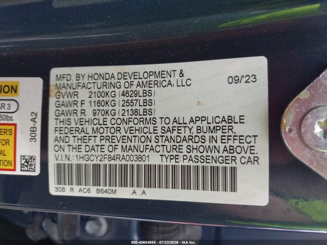 2024 Honda Accord Hybrid Touring მანქანა იყიდება აუქციონზე, vin: 1HGCY2F84RA003801, აუქციონის ნომერი: 45684955