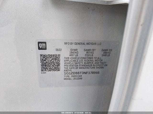 Aukcja sprzedaży 2022 Chevrolet Malibu Fwd Lt, vin: 1G1ZD5ST3NF178966, numer aukcji: 45684979
