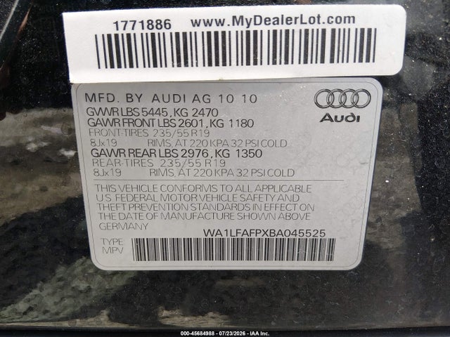 Продаж на аукціоні авто 2011 Audi Q5 2.0t Premium, vin: WA1LFAFPXBA045525, номер лоту: 45684988