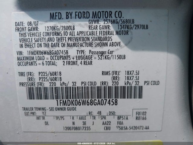 Продаж на аукціоні авто 2008 Ford Taurus X Limited, vin: 1FMDK06W68GA07458, номер лоту: 45685030