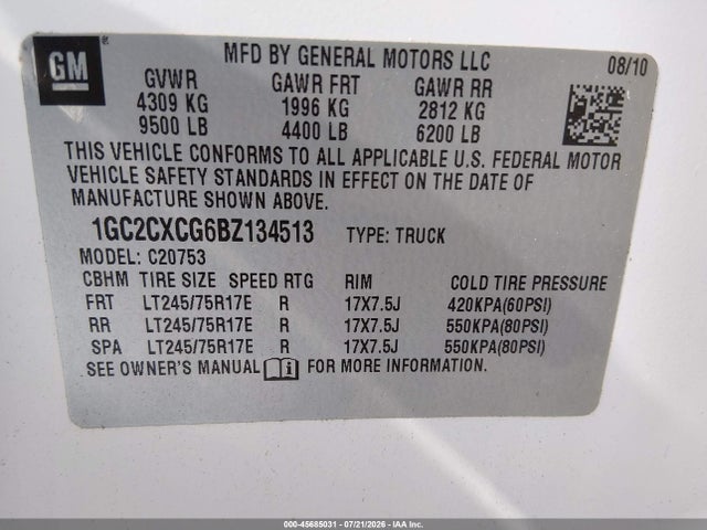 45685031 :رقم المزاد ، 1GC2CXCG6BZ134513 vin ، 2011 Chevrolet Silverado 2500hd Lt مزاد بيع