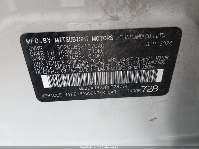 Продаж на аукціоні авто 2024 Mitsubishi Mirage Es/le, vin: ML32AUHJ3RH028774, номер лоту: 45685038