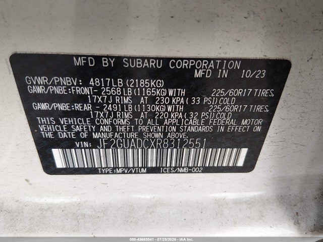 45685041 :رقم المزاد ، JF2GUADCXR8312551 vin ، 2024 Subaru Crosstrek Premium مزاد بيع