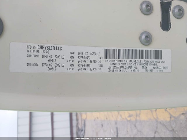 45685055 :رقم المزاد ، 1D7HA18268J208746 vin ، 2008 Dodge Ram 1500 Slt مزاد بيع