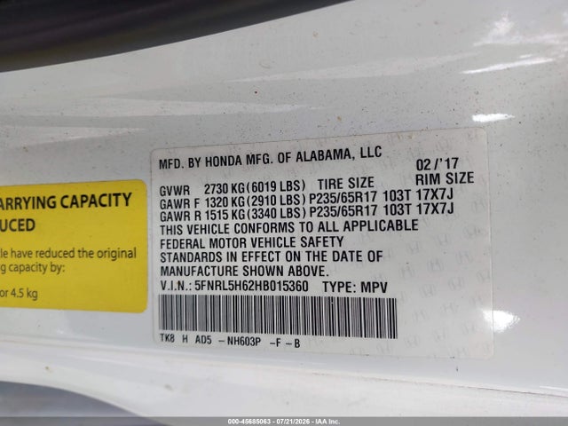 Продажа на аукционе авто 2017 Honda Odyssey Ex-l, vin: 5FNRL5H62HB015360, номер лота: 45685063
