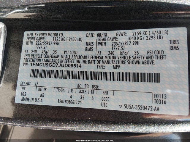45685064 :رقم المزاد ، 1FMCU9GD7JUD08514 vin ، 2018 Ford Escape Se مزاد بيع