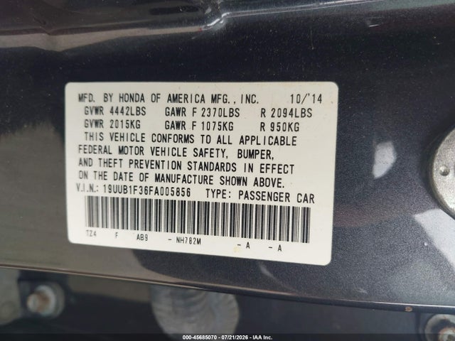Aukcja sprzedaży 2015 Acura Tlx, vin: 19UUB1F36FA005856, numer aukcji: 45685070