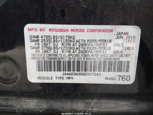 Auction sale of the 2016 Mitsubishi Outlander Se, vin: JA4AD3A30GZ007243, lot number: 45685074
