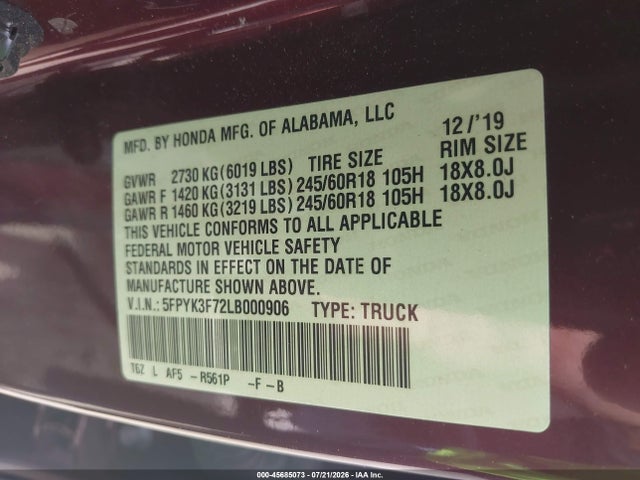 45685073 :رقم المزاد ، 5FPYK3F72LB000906 vin ، 2020 Honda Ridgeline Rtl-e مزاد بيع