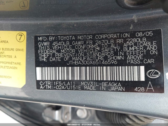 Aukcja sprzedaży 2006 Lexus Es 330, vin: JTHBA30GX65146596, numer aukcji: 45685102